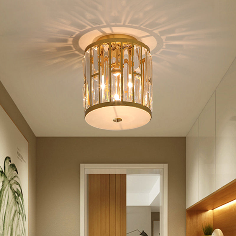 Modern Metal and Crystal Cylinder Flush Mount Light with Gold Ceiling Fixture"

or

"Gold Cylinder Flush Mount Light: Modern Metal and Crystal Fixture