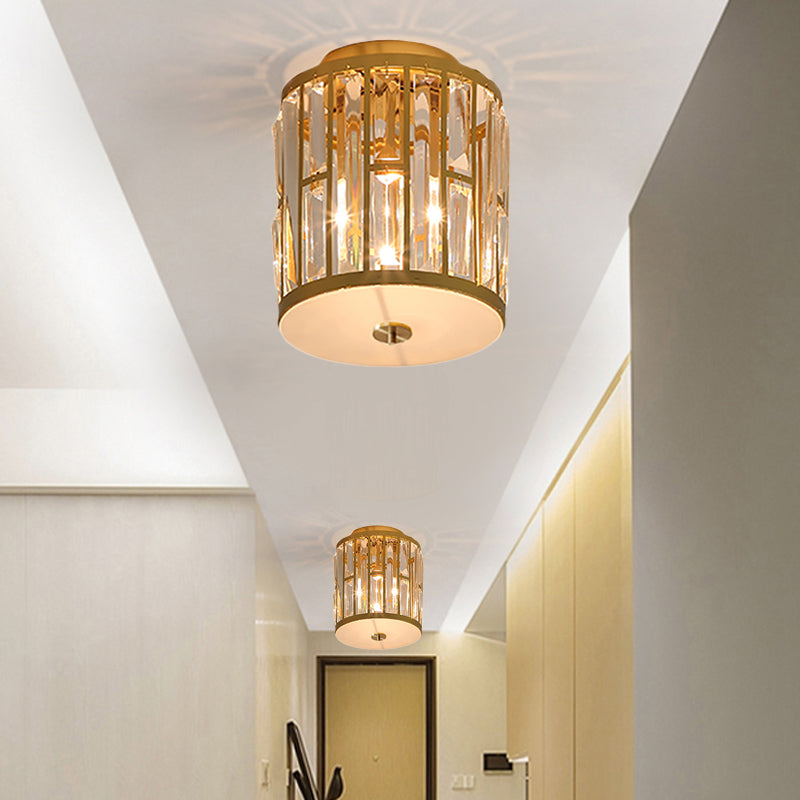 Modern Metal and Crystal Cylinder Flush Mount Light with Gold Ceiling Fixture"

or

"Gold Cylinder Flush Mount Light: Modern Metal and Crystal Fixture