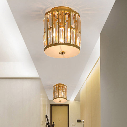 Modern Metal and Crystal Cylinder Flush Mount Light with Gold Ceiling Fixture"

or

"Gold Cylinder Flush Mount Light: Modern Metal and Crystal Fixture
