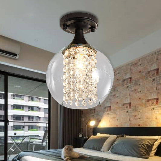 Vintage Black Semi Flush Mount Ceiling Light with Cylinder/Globe Glass Shade and Crystal Strands