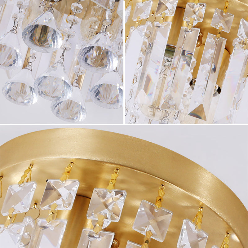 Modern Crystal Block Cylinder Flush Mount Light with Brass Finish - 2 Lights, 8"/10" Wide