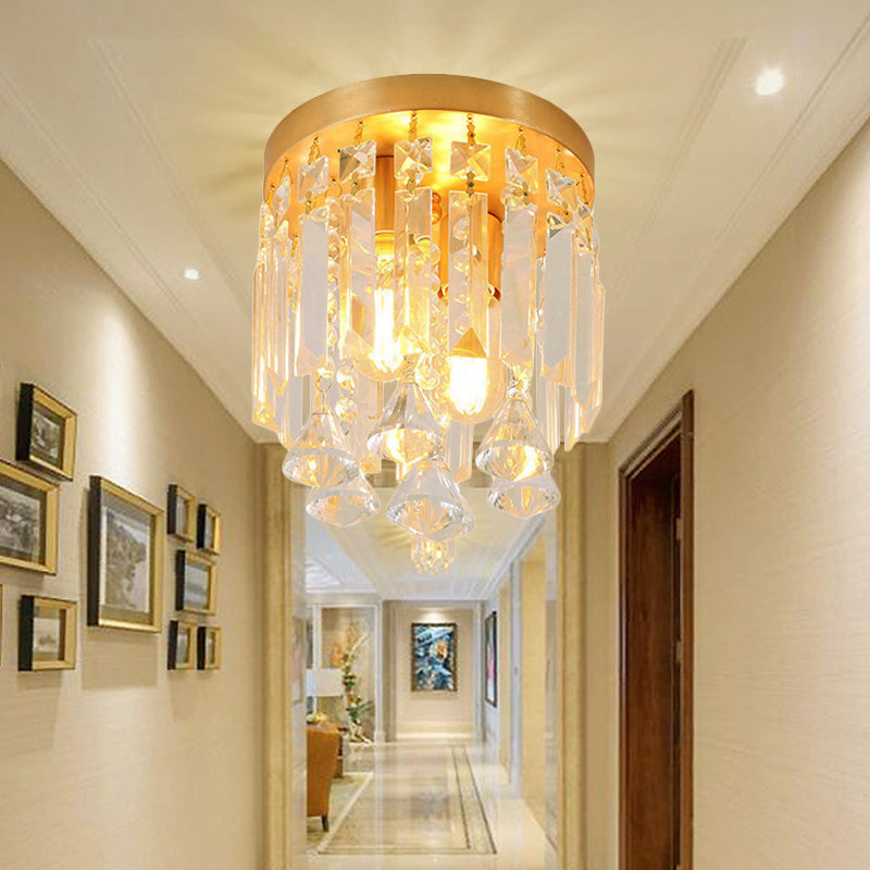 Modern Crystal Block Cylinder Flush Mount Light with Brass Finish - 2 Lights, 8"/10" Wide