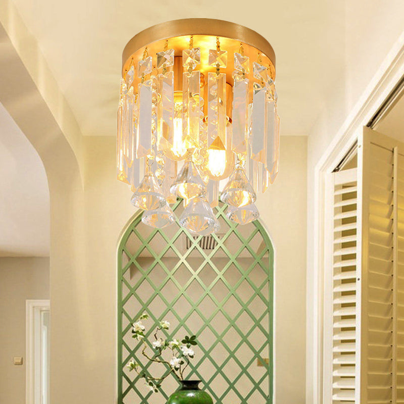 Modern Crystal Block Cylinder Flush Mount Light with Brass Finish - 2 Lights, 8"/10" Wide