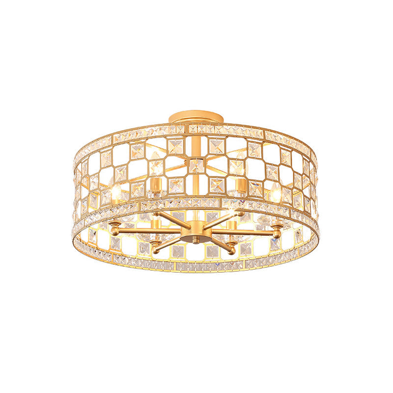 Plafonnier semi-encastré en métal doré et cristal avec 3/4/6 lumières, design tambour moderne en 3 tailles