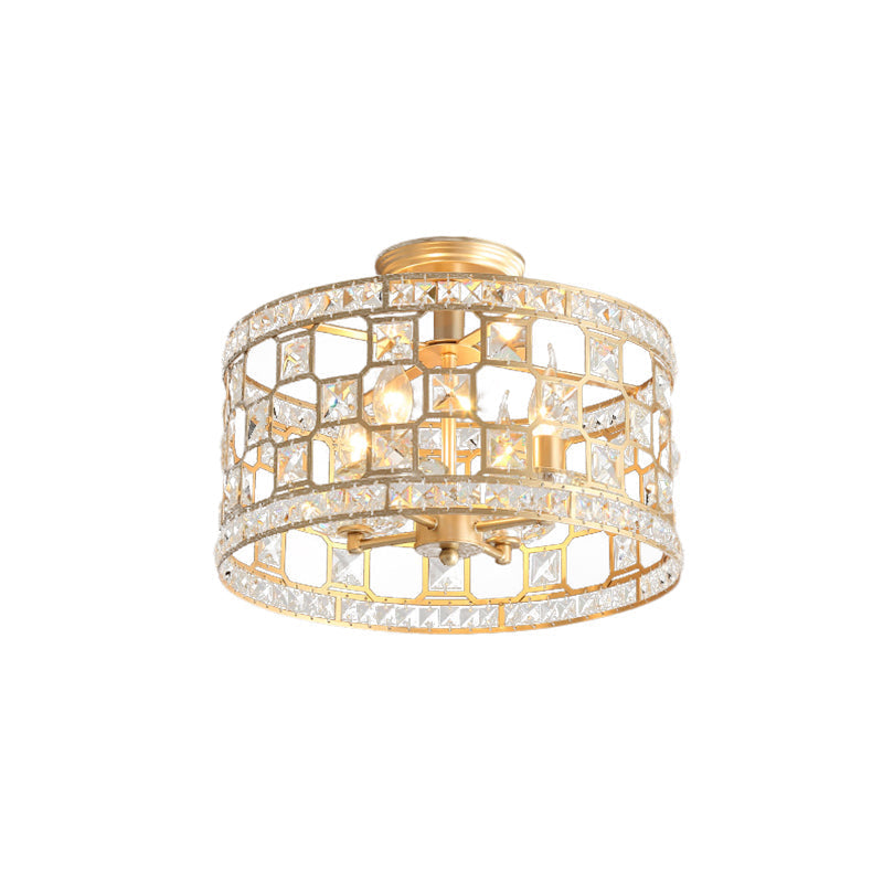 Plafonnier semi-encastré en métal doré et cristal avec 3/4/6 lumières, design tambour moderne en 3 tailles