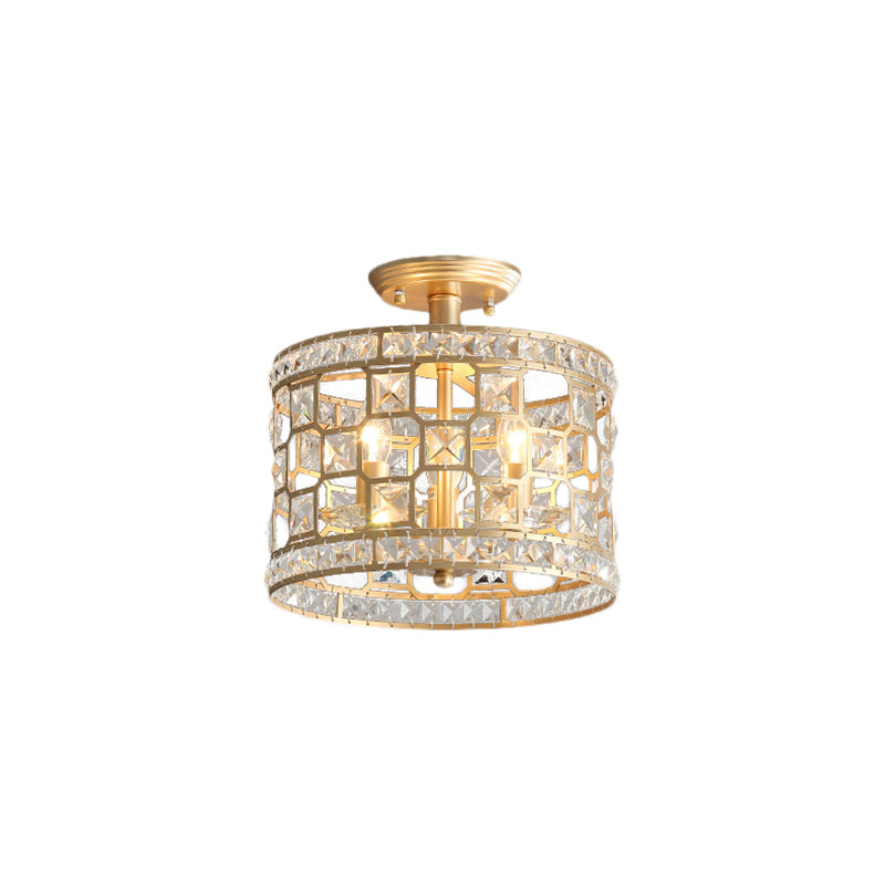 Plafonnier semi-encastré en métal doré et cristal avec 3/4/6 lumières, design tambour moderne en 3 tailles