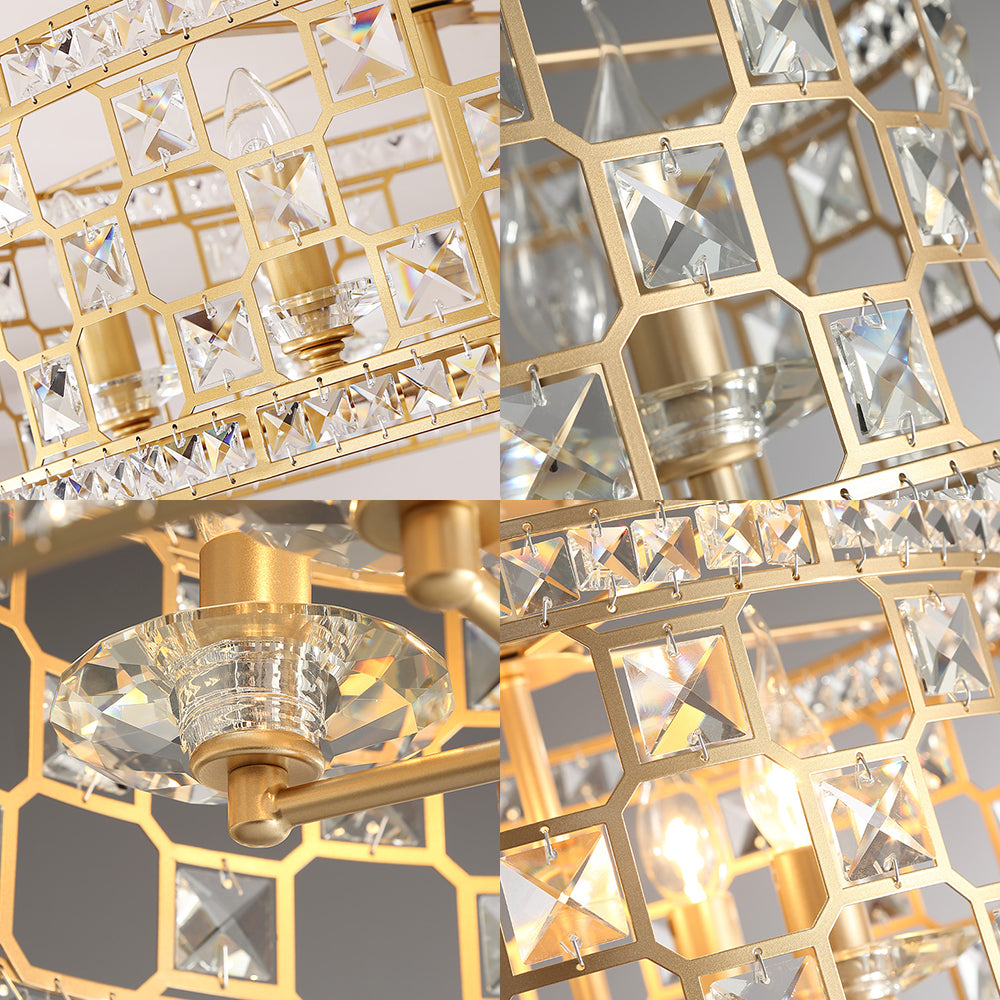 Plafonnier semi-encastré en métal doré et cristal avec 3/4/6 lumières, design tambour moderne en 3 tailles