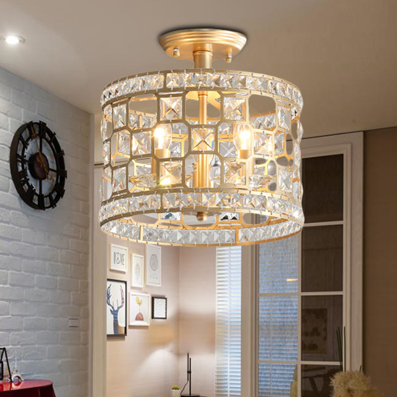 Plafonnier semi-encastré en métal doré et cristal avec 3/4/6 lumières, design tambour moderne en 3 tailles