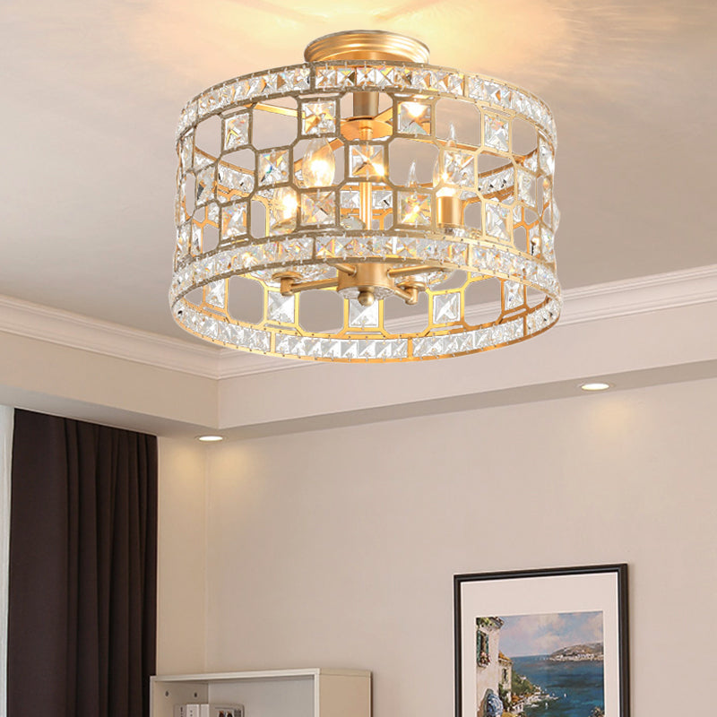 Plafonnier semi-encastré en métal doré et cristal avec 3/4/6 lumières, design tambour moderne en 3 tailles