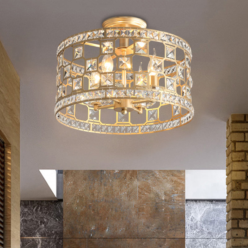 Plafonnier semi-encastré en métal doré et cristal avec 3/4/6 lumières, design tambour moderne en 3 tailles