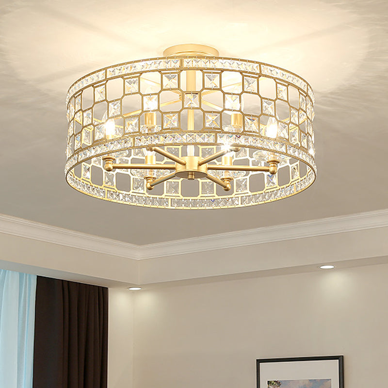 Plafonnier semi-encastré en métal doré et cristal avec 3/4/6 lumières, design tambour moderne en 3 tailles