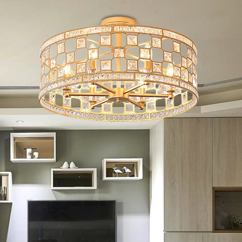 Plafonnier semi-encastré en métal doré et cristal avec 3/4/6 lumières, design tambour moderne en 3 tailles