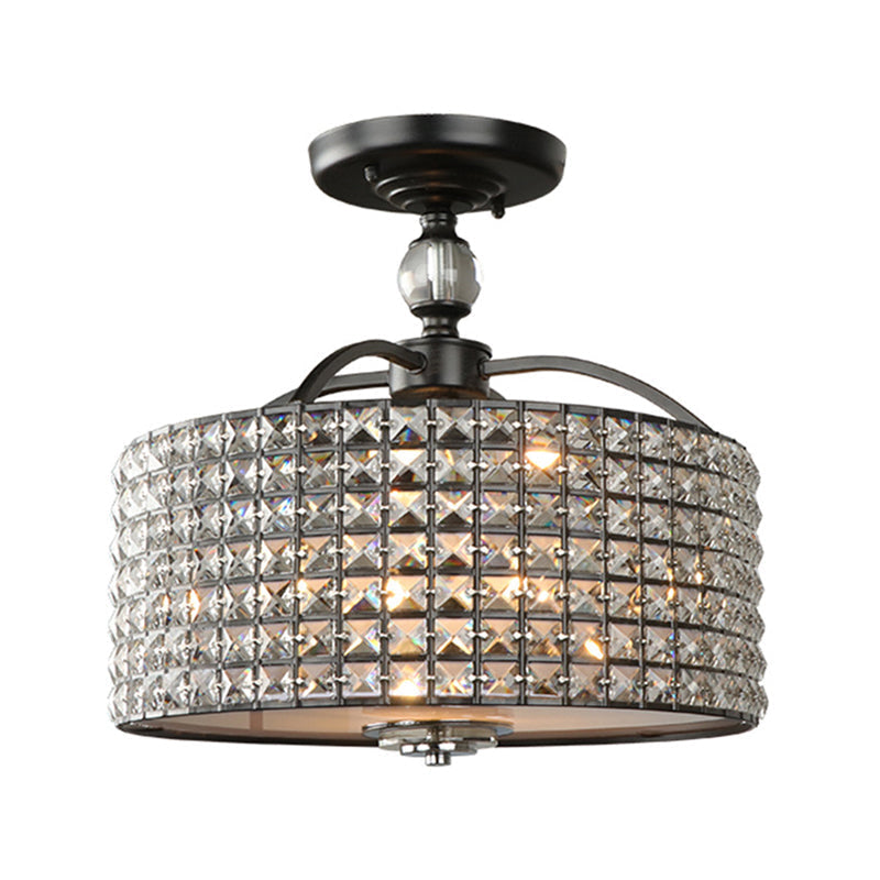 Plafonnier contemporain à tambour en cristal - 3 lumières - Montage semi-encastré en chrome/noir
