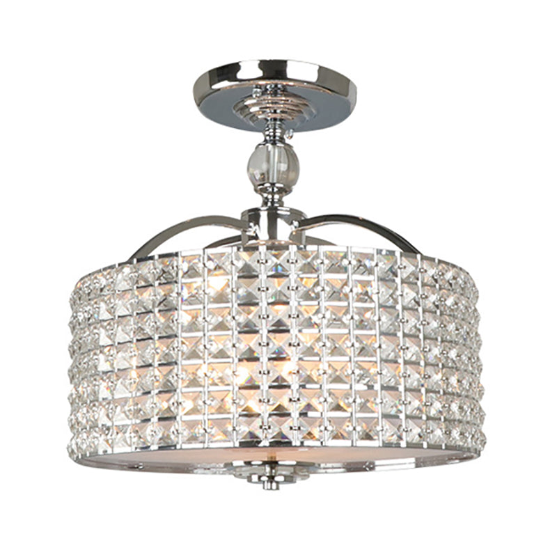 Plafonnier contemporain à tambour en cristal - 3 lumières - Montage semi-encastré en chrome/noir