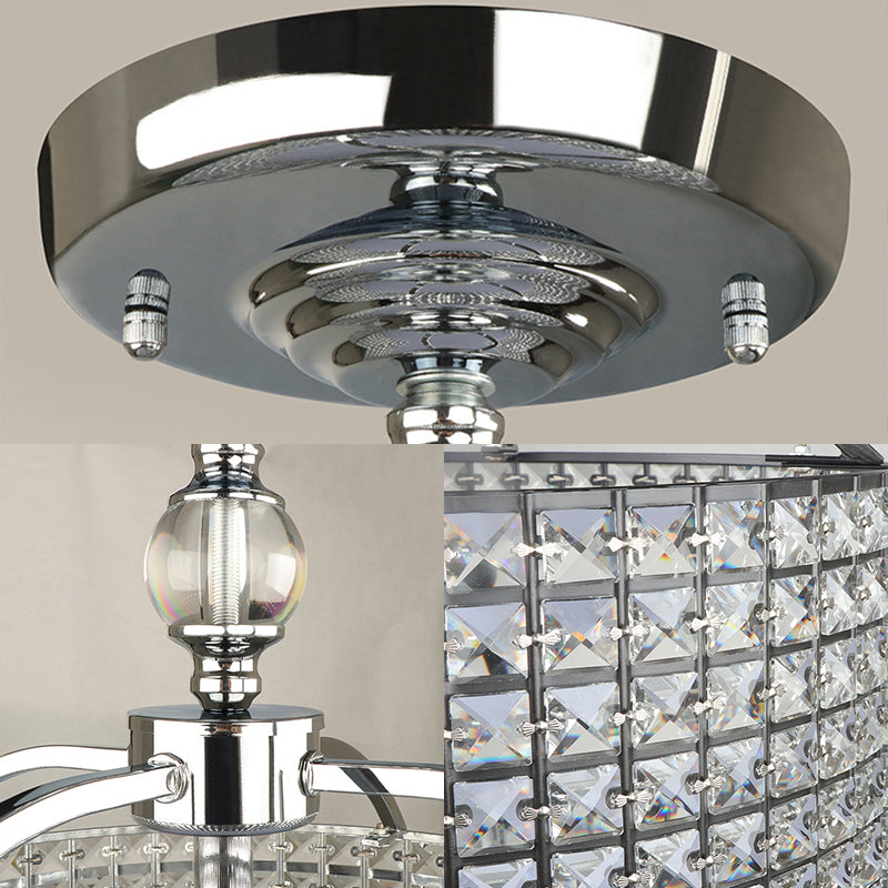 Plafonnier contemporain à tambour en cristal - 3 lumières - Montage semi-encastré en chrome/noir