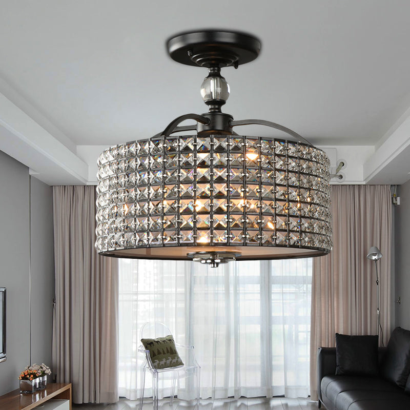 Plafonnier contemporain à tambour en cristal - 3 lumières - Montage semi-encastré en chrome/noir