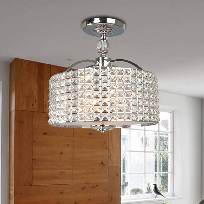 Plafonnier contemporain à tambour en cristal - 3 lumières - Montage semi-encastré en chrome/noir