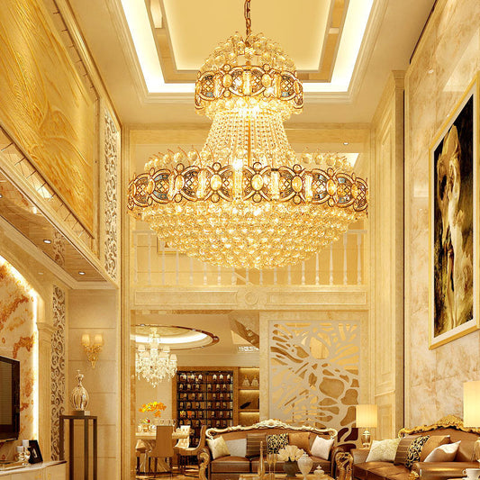 Gold Faceted Crystal Ball 9-Light Modernism Dining Room Hanging Basket Chandelier Lamp