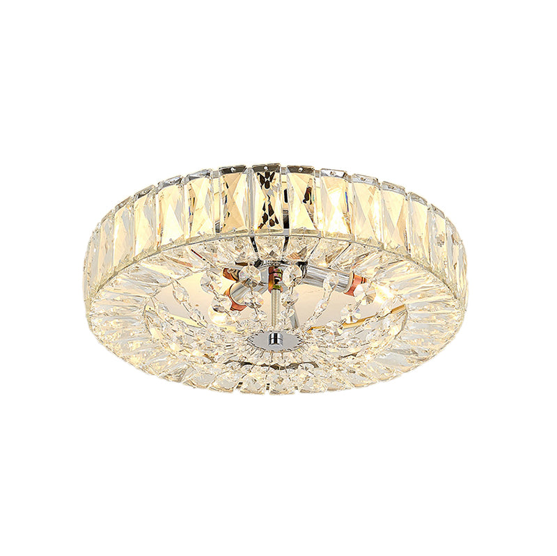 Contemporary Crystal Block LED Chrome Ceiling Fixture - Drum Flush Mount Light, 16"/23.5" Wide