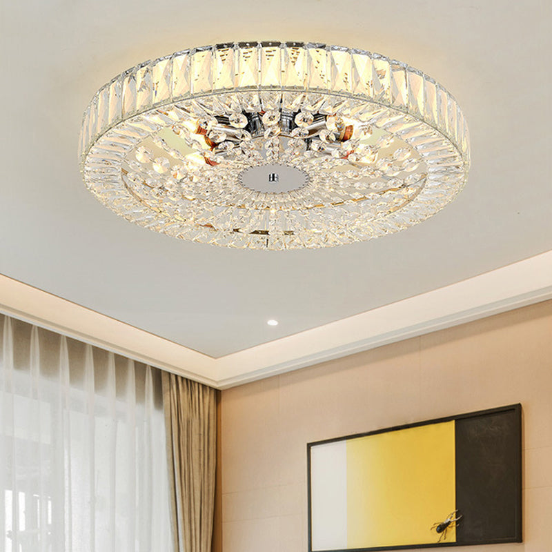 Contemporary Crystal Block LED Chrome Ceiling Fixture - Drum Flush Mount Light, 16"/23.5" Wide