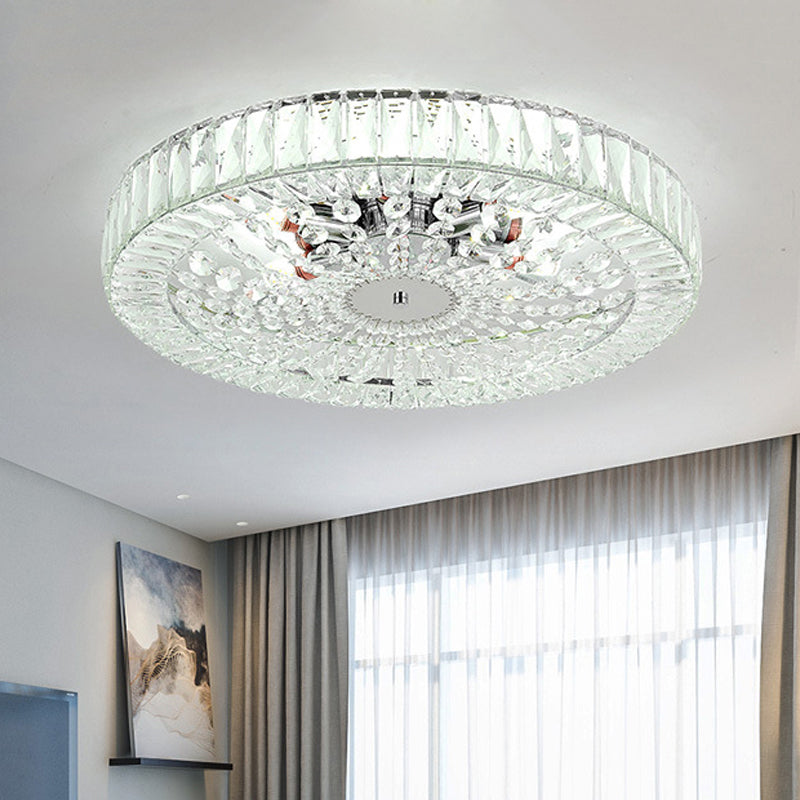 Contemporary Crystal Block Led Chrome Ceiling Fixture - Drum Flush Mount Light 16/23.5 Wide
