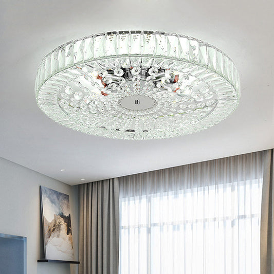 Contemporary Crystal Block Led Chrome Ceiling Fixture - Drum Flush Mount Light 16/23.5 Wide