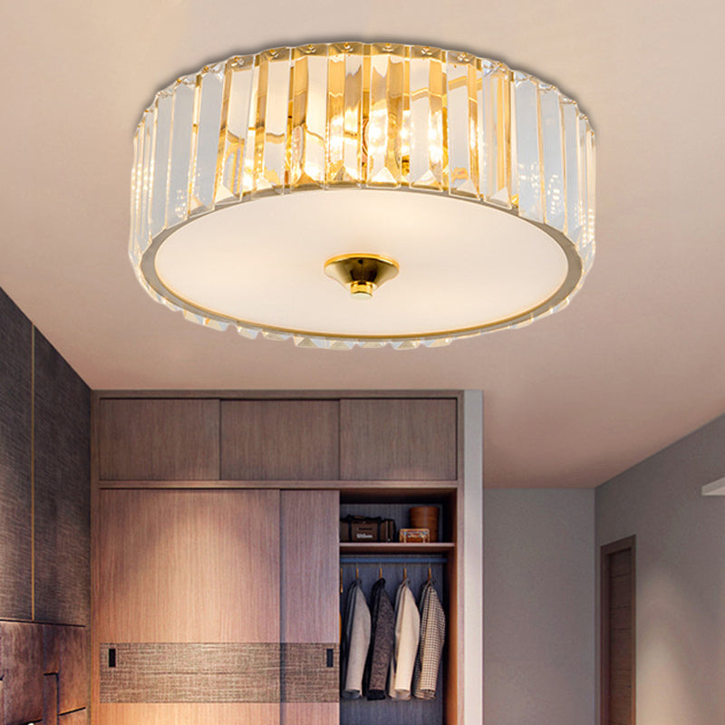 Modern Gold LED Bedroom Flush Mount Ceiling Light with Drum Crystal Shade, 12"/19" Dia
