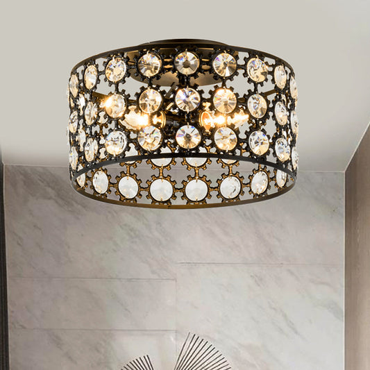 Contemporary 3-Light Metal and Crystal Flush Mount Ceiling Light (Black Cylinder Design)