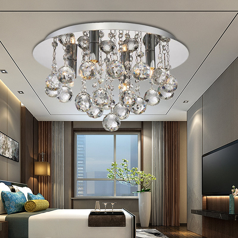 Contemporary Crystal Chrome Ceiling Light - Cascading Flush Mount, 3/4/6 Lights, 8"/14"/19.5" Wide