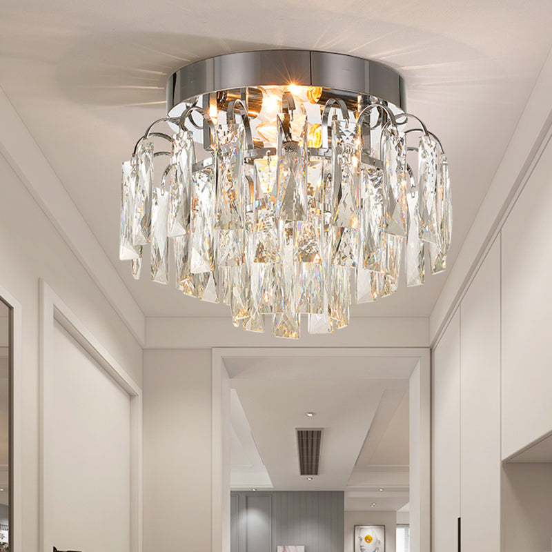 Modern Round Flush Mount Light with Clear Crystal Prism, Chrome/Gold Finish, 2 Lights