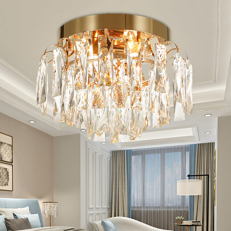 Modern Round Flush Mount Light with Clear Crystal Prism, Chrome/Gold Finish, 2 Lights