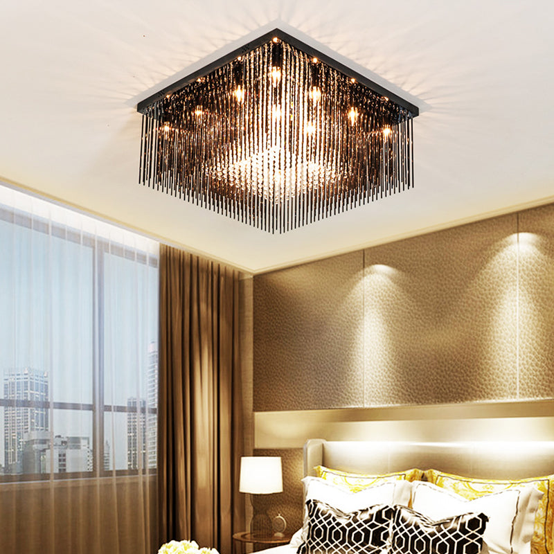 Contemporary Crystal Rod and Beaded Cubic Flush Ceiling Light - Black, 4/6/9 Lights, 16"/19"/23.5" Wide