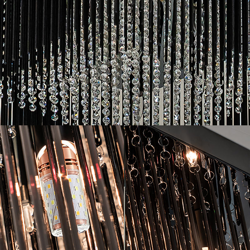 Contemporary Crystal Rod and Beaded Cubic Flush Ceiling Light - Black, 4/6/9 Lights, 16"/19"/23.5" Wide