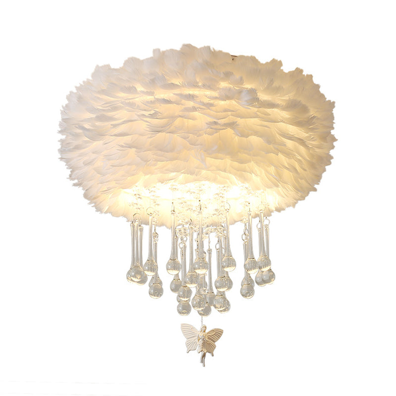 Modern Nordic Cloud Flush Light with Crystal Drop - White/Pink/Black Feather - 2/3/4 Lights - Bedroom Ceiling Lamp - 16"/19.5"/23.5" Width