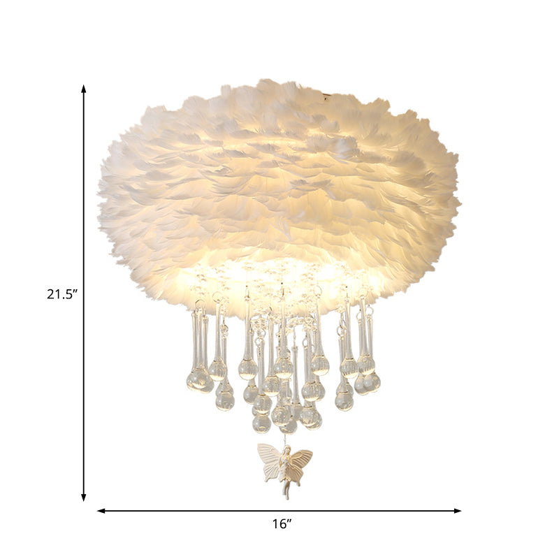 Modern Nordic Cloud Flush Light with Crystal Drop - White/Pink/Black Feather - 2/3/4 Lights - Bedroom Ceiling Lamp - 16"/19.5"/23.5" Width