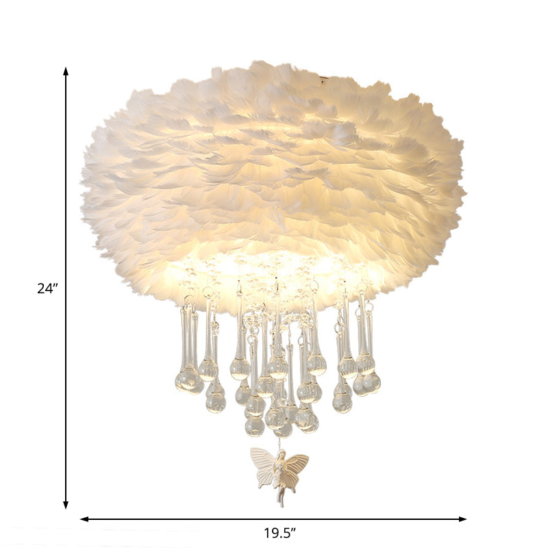 Modern Nordic Cloud Flush Light with Crystal Drop - White/Pink/Black Feather - 2/3/4 Lights - Bedroom Ceiling Lamp - 16"/19.5"/23.5" Width