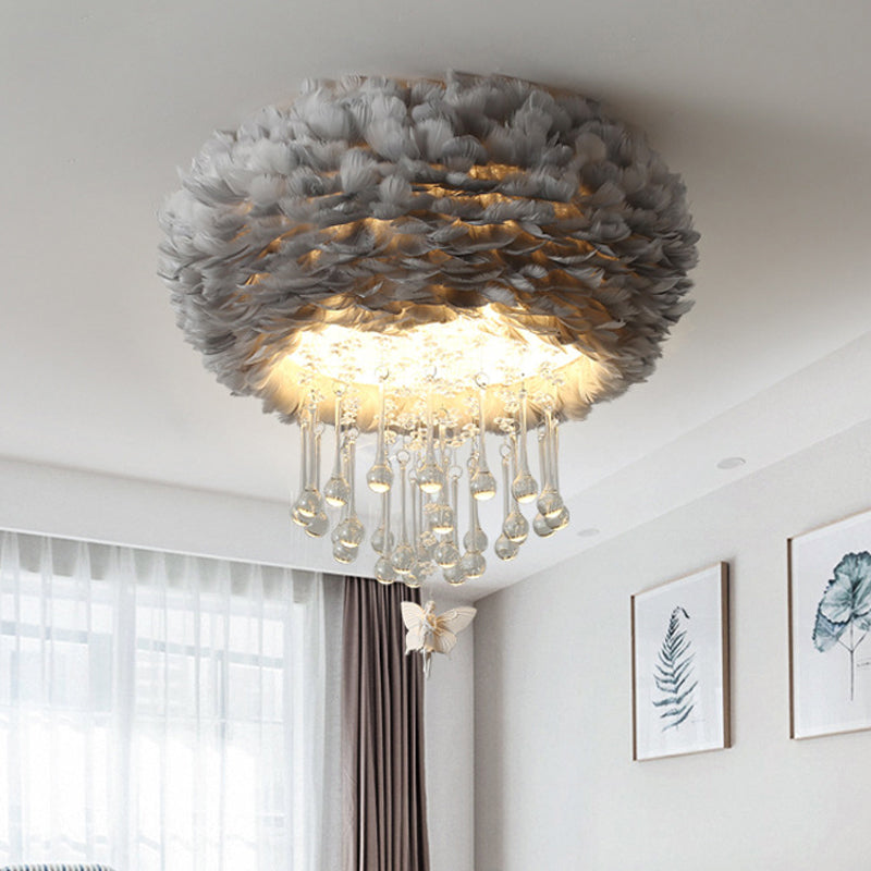 Modern Nordic Cloud Flush Light with Crystal Drop - White/Pink/Black Feather - 2/3/4 Lights - Bedroom Ceiling Lamp - 16"/19.5"/23.5" Width