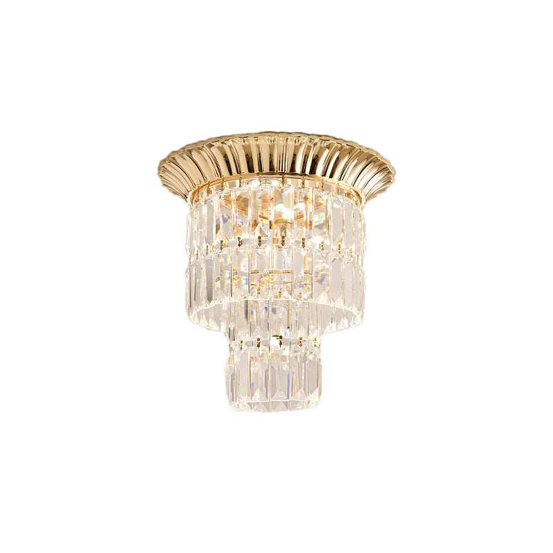 Modern Crystal Block Double Cylinder Shade Flush Ceiling Light - 5 Lights - Chrome/Gold