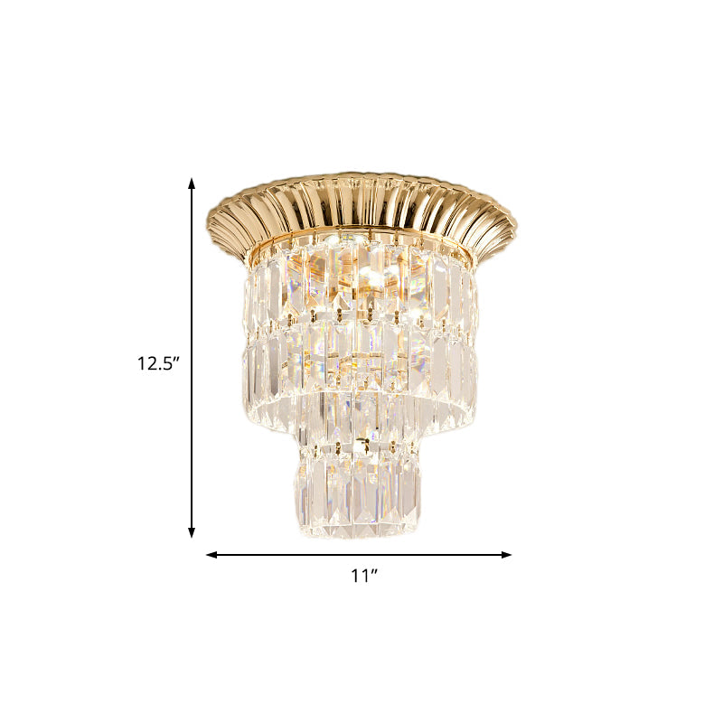 Modern Crystal Block Double Cylinder Shade Flush Ceiling Light - 5 Lights - Chrome/Gold