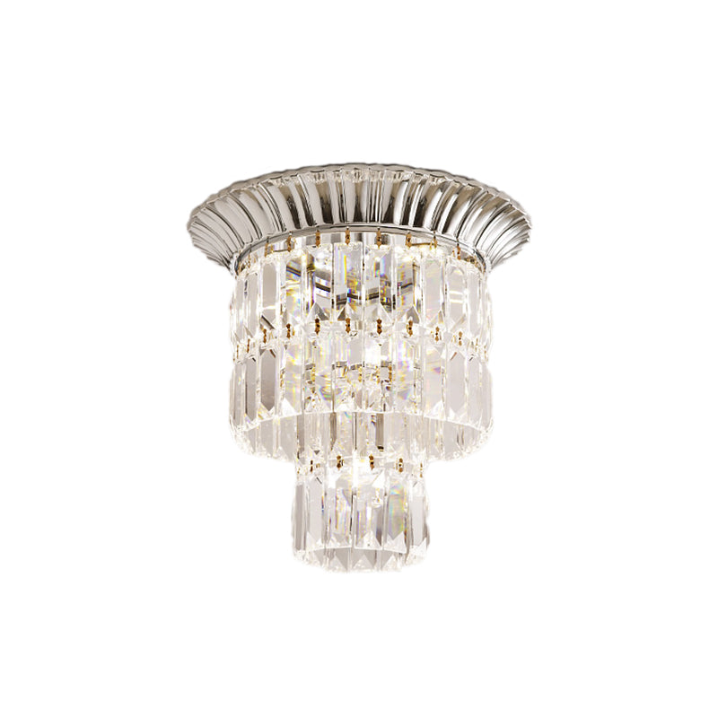 Modern Crystal Block Double Cylinder Shade Flush Ceiling Light - 5 Lights - Chrome/Gold