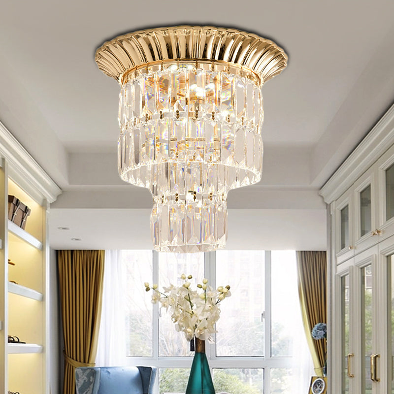 Modern Crystal Block Double Cylinder Shade Flush Ceiling Light - 5 Lights - Chrome/Gold