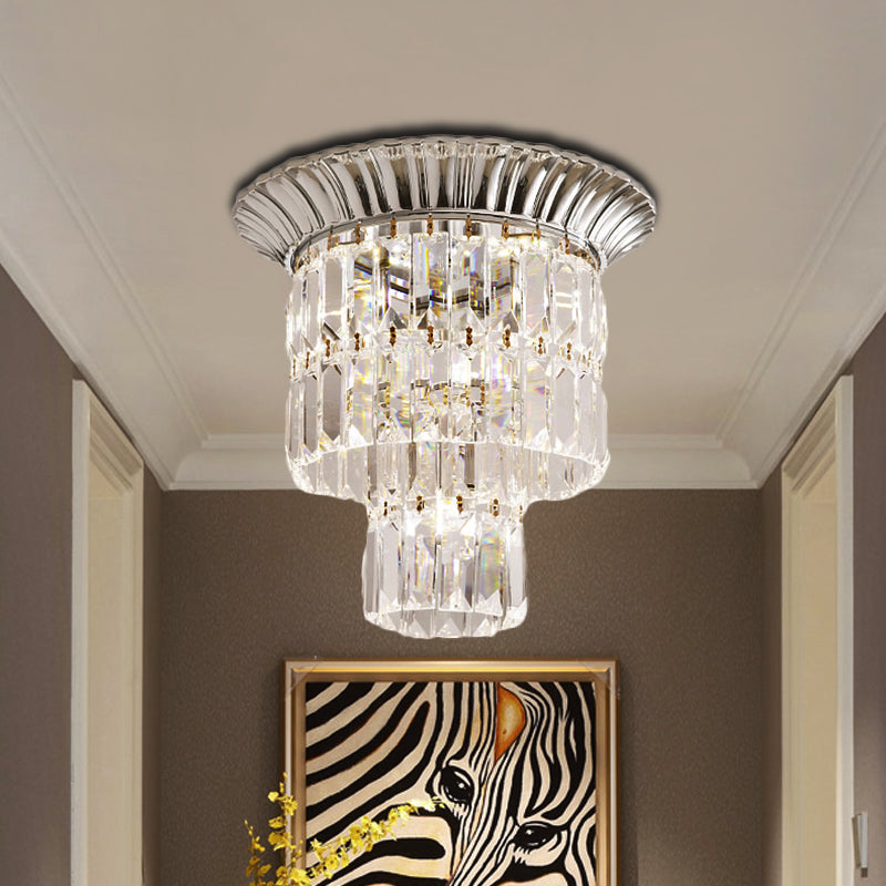 Modern Crystal Block Double Cylinder Shade Flush Ceiling Light - 5 Lights - Chrome/Gold
