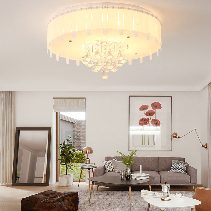 LED Flush Mount Ceiling Light with Crystal Drop and White Glass Shade - Simple Style, 19.5"/23.5" Wide