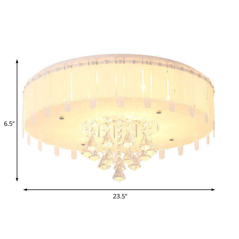 Led Flush Mount Ceiling Light With Crystal Drop And White Glass Shade - Simple Style 19.5/23.5 Wide