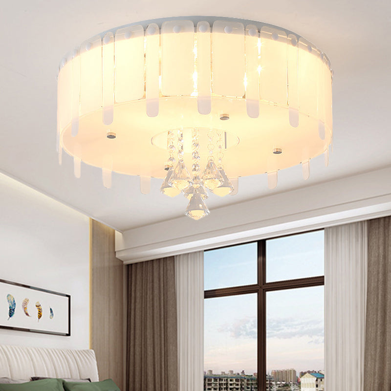 LED Flush Mount Ceiling Light with Crystal Drop and White Glass Shade - Simple Style, 19.5"/23.5" Wide