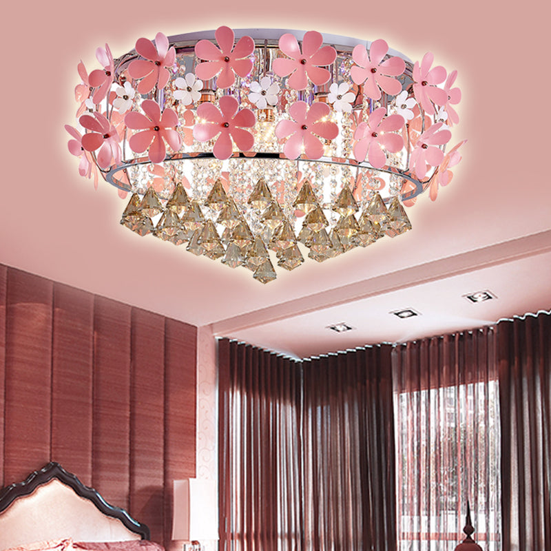 Modern Crystal Drop LED Drum Ceiling Light Fixture with Pink Flower Decoration, 18"/21.5" Wide