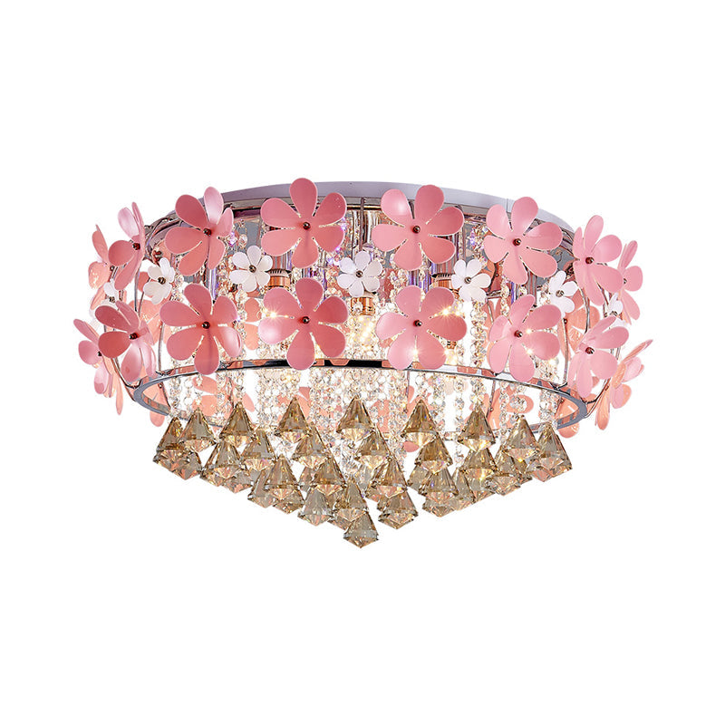 Modern Crystal Drop LED Drum Ceiling Light Fixture with Pink Flower Decoration, 18"/21.5" Wide