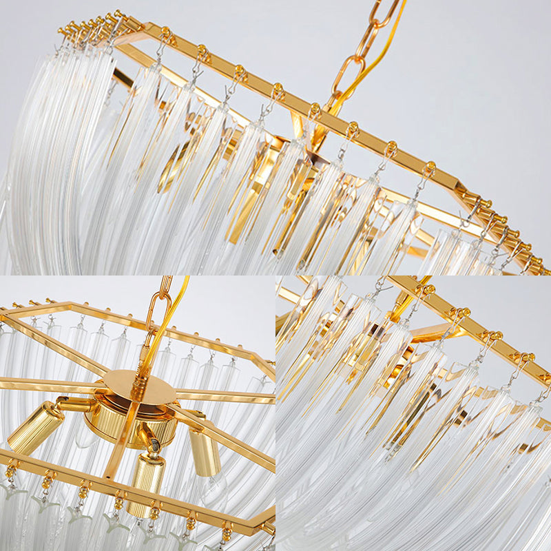 Contemporary Crystal Chandelier Light - Hexagon Design, Gold Finish, 4-Light 12"/19.5" Wide