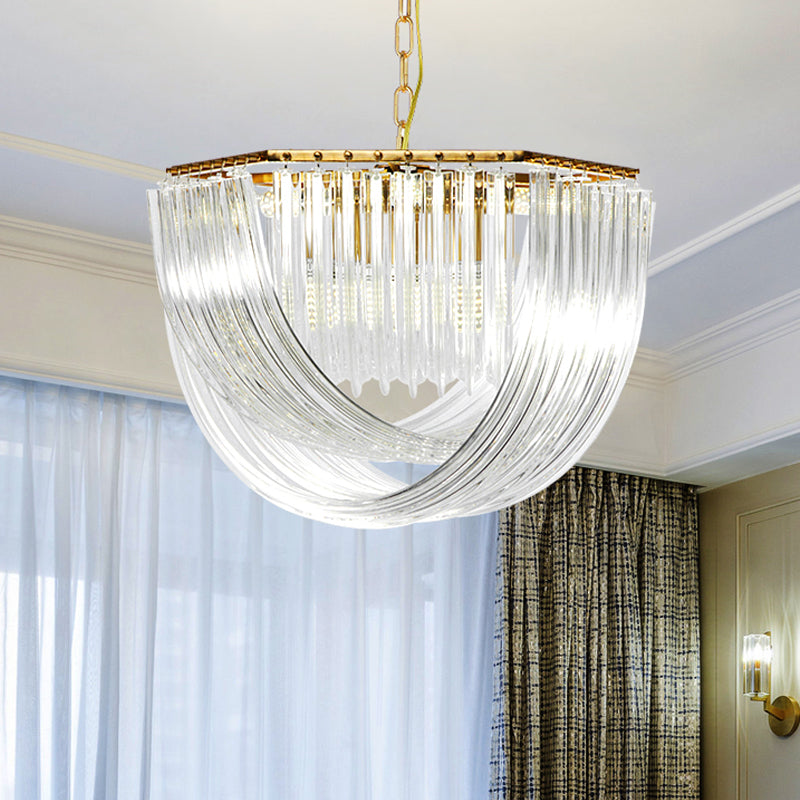 Contemporary Crystal Chandelier Light - Hexagon Design, Gold Finish, 4-Light 12"/19.5" Wide