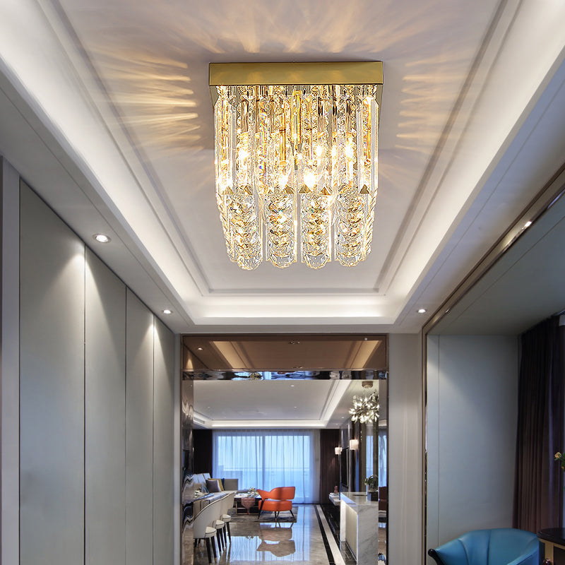 Modern Gold Flush Mount Light with Crystal Block Shade - 2 Lights, Rectangle Ceiling Design - 12"/16"/19.5" Wide